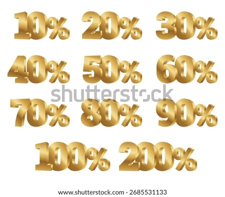 Numbers percent 10%, 20%, 30%, 40%, 50%, 60%, 70%, 80%, 90%, 100%, 200% gold for party, sale, promotion, anniversary, grand opening, award, celebration, logo, badge, label, symbol vector isolated.