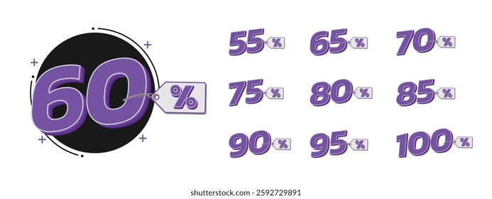 Numbers with percent. Vector Illustration of 55% 60% 65% 70% 75% 80% 85% 90% 95% and 100% off. Discount number, info and sale symbol. Typography mean in english.