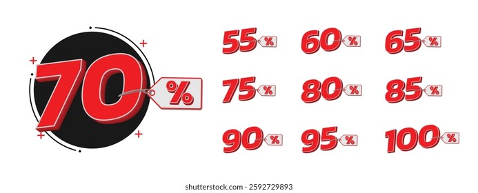 Numbers with percent. Vector Illustration of 55% 60% 65% 70% 75% 80% 85% 90% 95% and 100% off. Discount number, info and sale symbol. Typography mean in english.