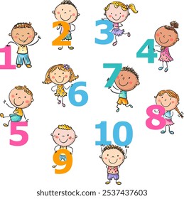 Numbers in pictures set, maths teaching aid for little children. Cartoon kids holding numbers, isolated characters. Vector illustration