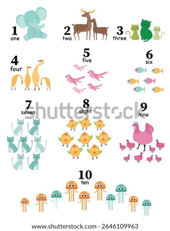 Numbers Poster for Kids Learning. Engaging educational ,numbers 1-10 with colorful marine animals. Design for learning and classroom decoration,Vector illustrations.