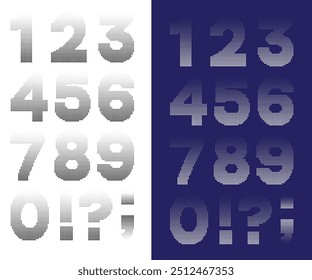 Numbers and punctuation mark with circular halftone dot pattern texture. White and black half tone symbols collection. Isolated elements and signs. Dot-art. Vector illustration