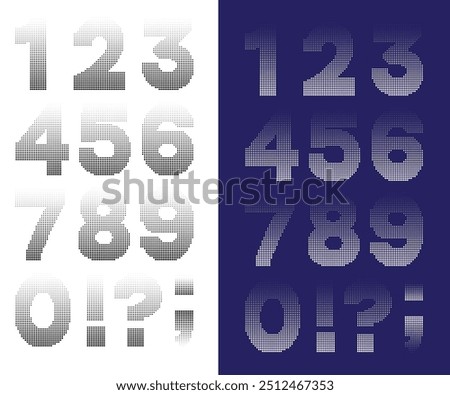 Numbers and punctuation mark with circular halftone dot pattern texture. White and black half tone symbols collection. Isolated elements and signs. Dot-art. Vector illustration