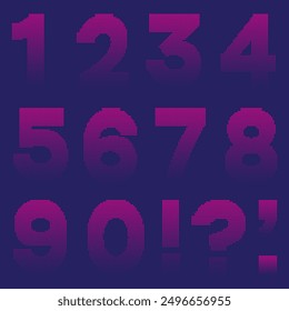 Numbers and punctuation mark with magenta circular halftone dot pattern texture. Isolated symbols and signs on blue background. Vector half tone illustration