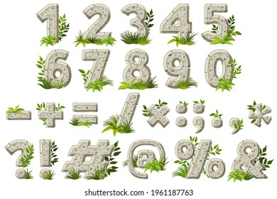 Numbers, punctuation marks with leaves and grass. Stone age character digits isolated on white background. Cartoon old gray rock font. Vector prehistoric objects. 