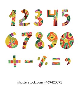 Numbers and Punctuation. Vector hand-drawn decorative numbers. Colorful vector set. Flat design. Vector illustration