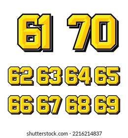 Numbers race icon set vector 61-70. Simple set of sports and racing numbers. Flat design, Editable, Illustration EPS 10