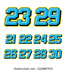 Numbers Rennen Icon Set Vektor 21-30. Einfache Auswahl an Sport- und Rennnummern. Flaches Design, Bearbeitbar, Illustration EPS10