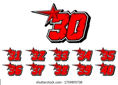 Numbers race icon vectors. Set of racing numbers. Illustration of numbers with red stars. Flat design, Editable. Vector Illustration EPS 10