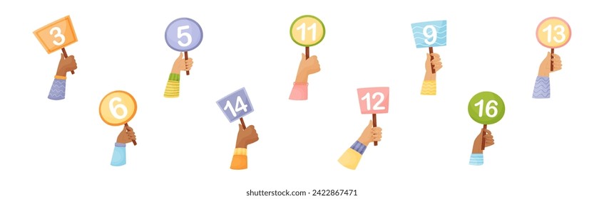 Numbers in Raised Up Hands as Numeric Scorecard for Judge Competition Vector Set