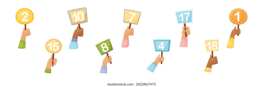 Numbers in Raised Up Hands as Numeric Scorecard for Judge Competition Vector Set