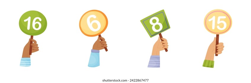 Numbers in Raised Up Hands as Numeric Scorecard for Judge Competition Vector Set