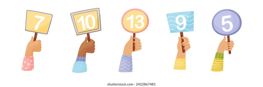 Zahlen in aufgesetzten Händen als numerische Scorecard für das Vector Set von Richtern