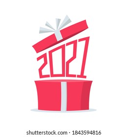 Numbers red 2021  flies from a gift box. Happy New Year. Vector illustration flat design. Isolated on white background. Merry Christmas.