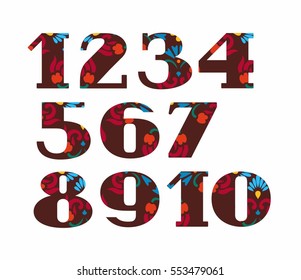 Numbers, red flowers, vector, brown. Colored, vector figures with serifs. Red and blue flowers on a brown background. 