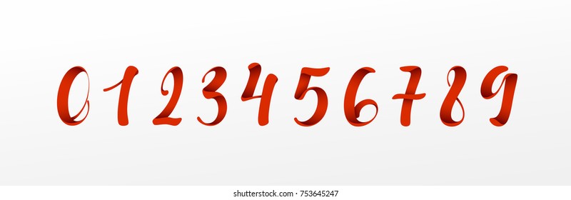 Numbers red font, ribbon style, typography vector illustration.