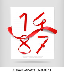 Numbers of red ribbons on a white banner. Vector illustration