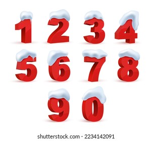 Numbers red set with snow. Collection of ten red numbers under snow. 3d vector realistic