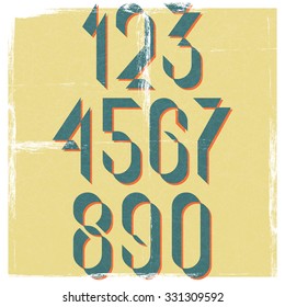 Numbers retro font design element, mockup old graphic style numerals for poster or banner, grunge shabby paper background as an example
