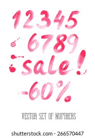 Numbers and sale set. Hand drawn letters. Watercolor.