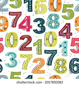 Números - patrón sin fisuras. Antecedentes de tela, textil, papel pintado, afiches, papel para envolver regalos, servilleta, pijamas.  Impresión para niños, bebé 