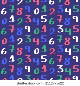 Numbers seamless pattern design. Illustration vector, hand written letters, funny colors, blue, pink and green digits. For kids, children print. Cute repeat with mathematics and school theme. 1 2 3. 