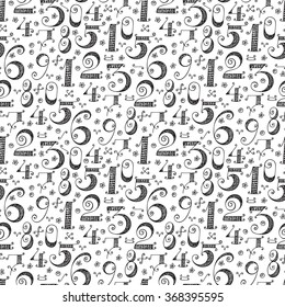 Numbers seamless pattern. Hand drawn cartoon doodle ornamental Numbers. Mathematical background for kids.