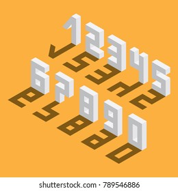 Numbers sequence from 1 to 9 and 0, drawn in isometric style, based on blocks. Drop shadow on yellow background