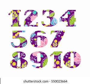 Numbers serif, flowers on purple background, vector. Colored, flat figures with serifs. Pink and blue flowers and yellow berries on a dark purple background. 