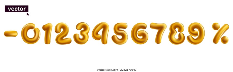 Numbers set 0 to 9. Metallic golden percentage and minus signs. Realistic 3D design in cartoon fun style on white background. Vector illustration for Black Friday, Christmas and New Year Sale.