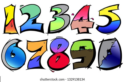 Numbers Set From 0-9 In Graffiti Bold Stroke Vector Outline In Gradient Colors.