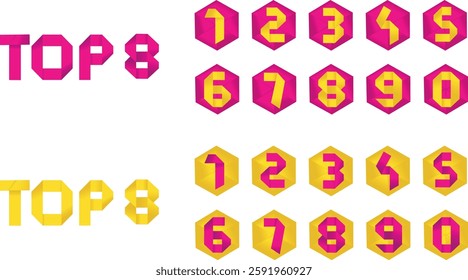 Numbers Set 0-9  + text: TOP Origami Style Folded Colorful Isolated Vector Illustration in Pink and Yellow 