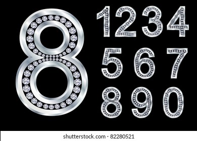 Numbers set, from 1 to 9, silver with diamonds, vector illustration