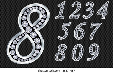 Numbers set, from 1 to 9, silver with diamonds, vector illustration