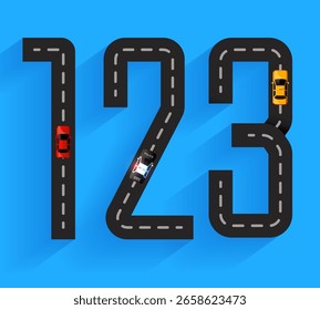 Números establecidos 1,2,3 carretera con marcas de línea y coches. Ilustración vectorial