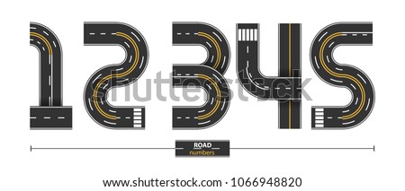 Numbers in a set 1,2,3,4,5, road with white and yellow line markings on white background
