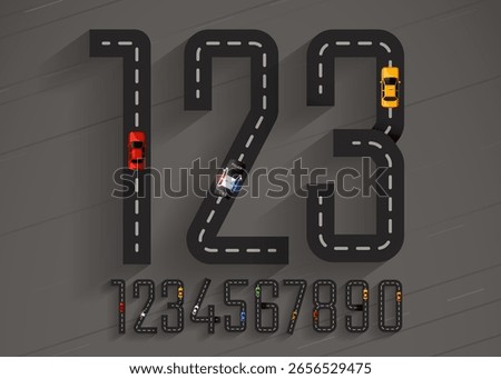 Numbers set 1,2,3,4,5,6,7,8,9,0 road with line markings and cars. Vector illustration

