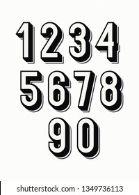 Numbers set 3d bold style trendy typography consisiting of 1, 2, 3, 4, 5, 6, 7, 8, 9, 0 for poster, t shirt, book, sale banner, printing on fabric, birthday card. Modern font. 10 eps