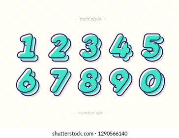 Numbers set 3d bold typography color style consisiting of 1, 2, 3, 4, 5, 6, 7, 8, 9, 10 for logo, poster, t shirt, book, sale banner, printing on fabric, birthday card. Modern font. Vector 10 eps