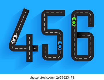 Números establecidos 4,5,6 carretera con marcas de línea y coches. Ilustración vectorial
