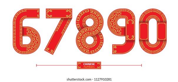 Numbers in a set 6,7,8,9,0, Chinese with red and yellow line markings on white background