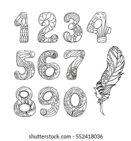 Numbers. Set. Alphabet. Zentangle. Hand drawn numbers with feather on isolation background. Design for spiritual relaxation for adults. Line art creation. Black and white illustration for coloring. svg