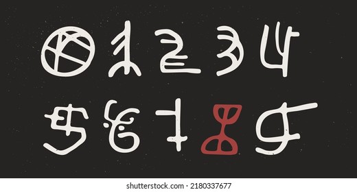 Numbers set in Ancient historical style. These icons based on rock art pictograms. Perfect for creating decorative prints, Nordic design, clothing embroidery, wizardry packaging, pagan header.