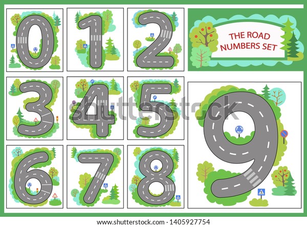 Numbers set. Background with road for\
gaming car. Children educational game for learn numbers. Kids theme\
of the invitation to a birthday party. Wallpaper for childrens\
room. Vector\
illustration.