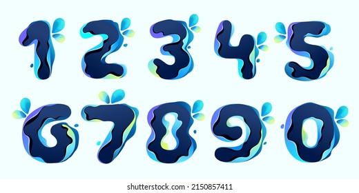 Numbers set with blue dew drops in hologram glitch style. Environment friendly icons with color shift and illusion effect. Vector idea for waste recycling identity or organic merchandise.