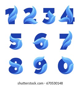 Numbers set with blue leaves. Vector eco design.