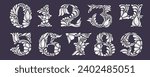 Numbers set with botanical and flower pattern. Vintage line engraving. Traditional leaves and curved lines embroidery ornament. Icon for wedding ceremony, birthday identity and party invitations.
