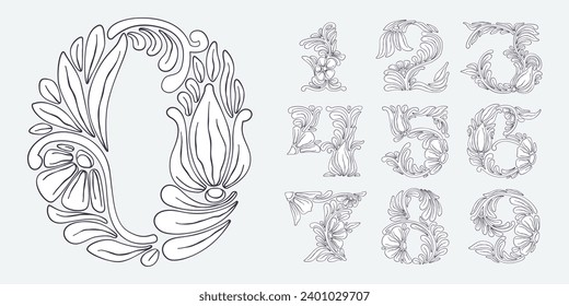 Numbers set with botanical and flower pattern. Vintage line engraving. Traditional leaves and curved lines embroidery ornament. Icon for wedding ceremony, birthday identity and party invitations.