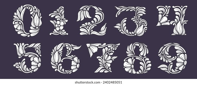 Numbers set with botanical and flower pattern. Vintage line engraving. Traditional leaves and curved lines embroidery ornament. Icon for wedding ceremony, birthday identity and party invitations.