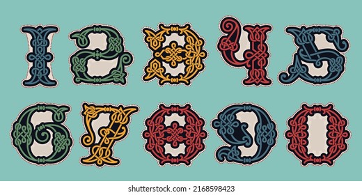 Números fijados con nudos celtas, líneas espirales y puntos rojos. Inmenso color medieval inicial. Iconos perfectos para la identidad antigua, impresión de la Edad Media, afiches bárbaros y monogramas heráldicos.